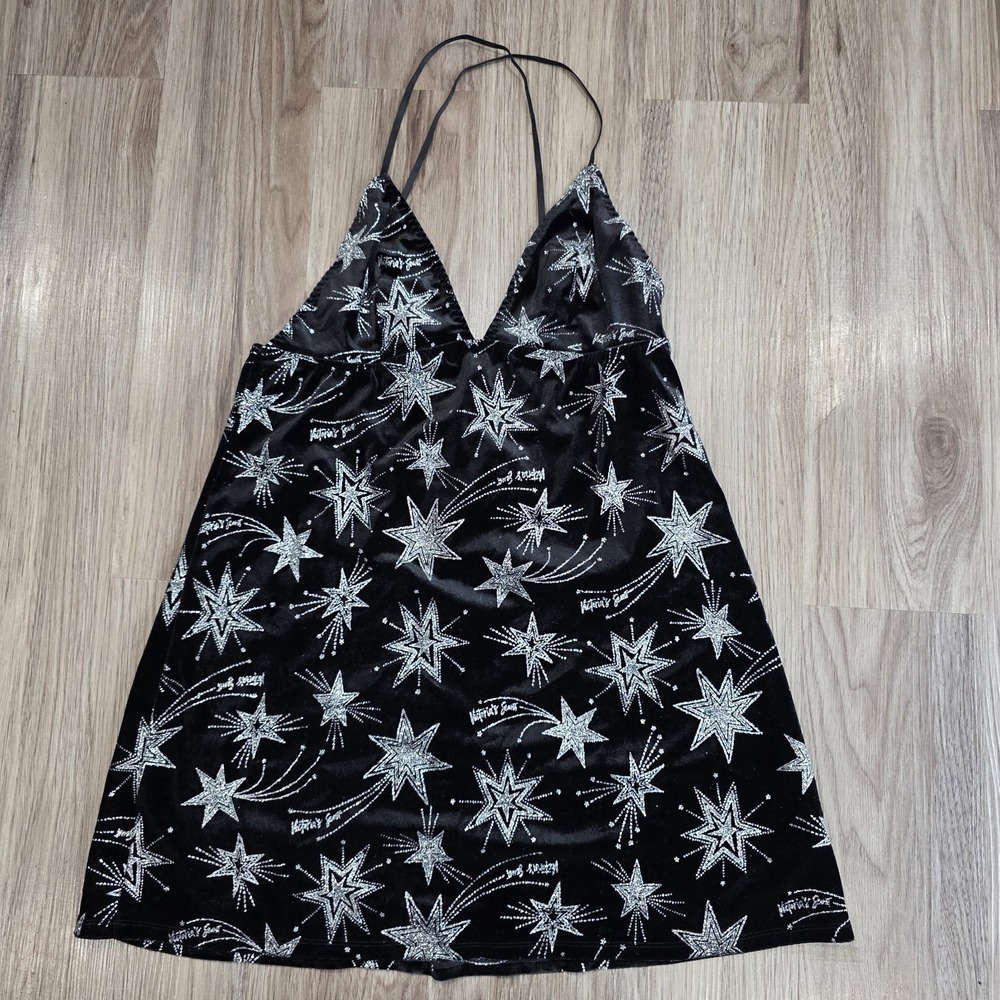 Victorias Secret Babydoll Slip Dress Velour Black Shooting Star Glitter Size L